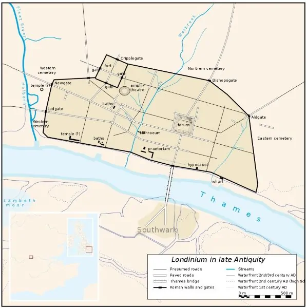 A general outline of Roman London in late antiquity, with the modern banks of the Thames