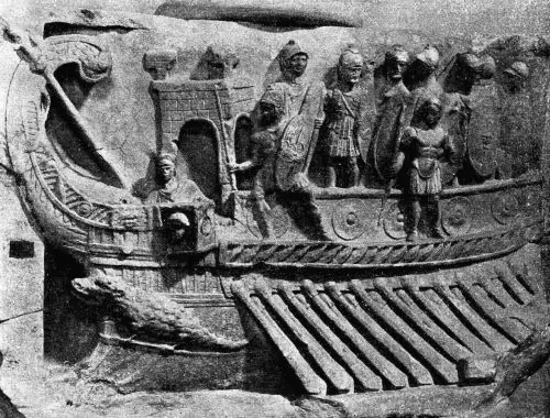 A Roman naval bireme depicted in a relief from the Temple of Fortuna Primigenia