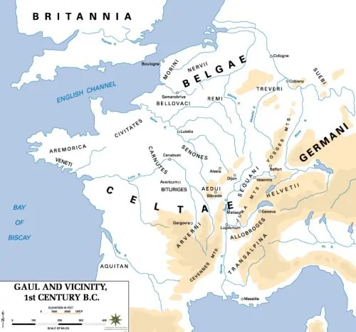 A map of Gaul in the 1st century BC, showing the relative position of the Bellovaci tribe