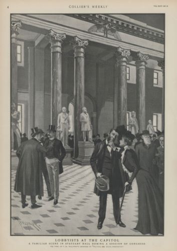 “Lobbyists in the Capitol” is one of the few newspaper prints that show men and women buttonholing their Representatives in the same public place.