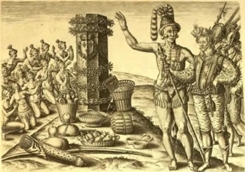 Athore, son of the Timucuan king Saturiwa, showing Laudonnière the monument placed by Ribault