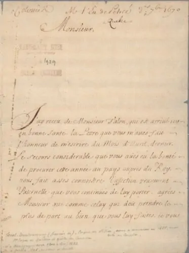 Letter of Monseigneur de Laval to Minister Colbert, September 30, 1670