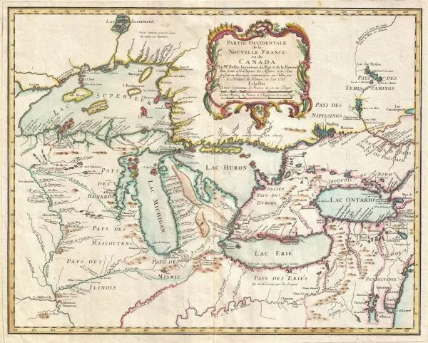Pays d'en Haut in New France on a map by Jacques Nicholas Bellin in 1755