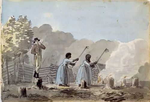 Labouring under the eye of the overseer, end of the eighteenth century: “An Overseer doing His Duty”, near Fredericksburg, Virginia, ca. 1798