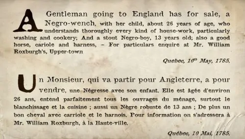 Announcement of sale of slaves appeared in the Quebec Gazette May 12, 1785