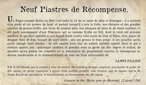 Escape of slaves published in the Quebec Gazette, August 10, 1798