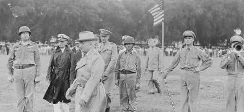 President Harry S. Truman reviews the Japanese-American 442nd Regimental Combat Team in Washington, D.C. on July 15, 1946