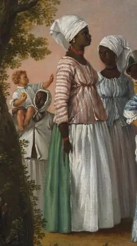 Three Black women toward the left side of the composition (detail), Agostino Brunias, Free Women of Color with Their Children and Servants in a Landscape, c. 1770–96