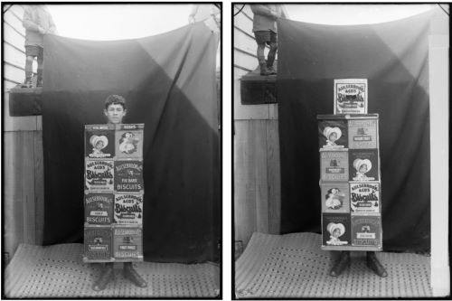 Portrait photographs of a boy dressed in Aulsebrook & Co. biscuit box costume (with and without headgear). Probably made in the Christchurch region of New Zealand, ca.1905–1926
