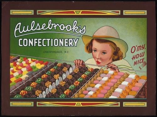 Chromolithograph advertisement for Aulsebrook’s Confectionery, Christchurch, N.Z., ca.1920s
