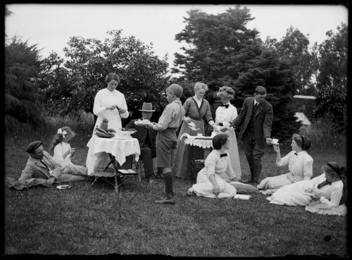 Glass plate negative by Leslie Adkin of a group taking tea on the lawn, North Island, N.Z., 1912