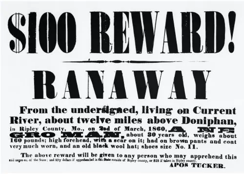 A reward poster for a runaway enslaved person that circulated in Ripley County, Missouri, in March 1860