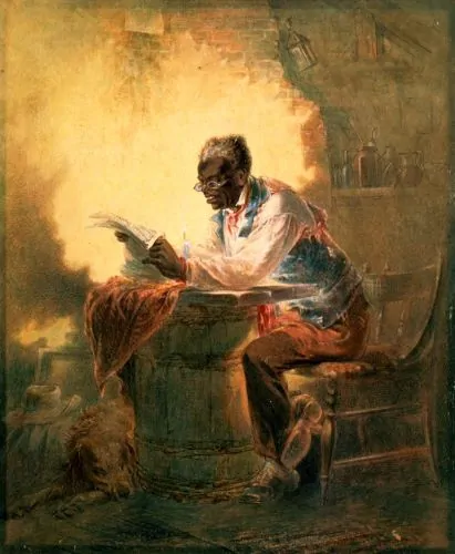 Henry Louis Stephens (c. 1863) untitled watercolor of a black man reading a newspaper with headline "Presidential Proclamation/Slavery"