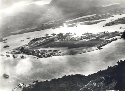 This captured Japanese photograph shows Ford Island during the December 7 attack