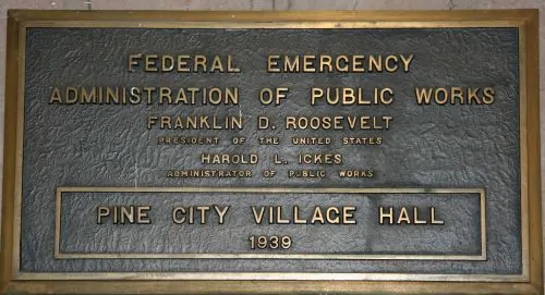 Federal Emergency Administration of Public Works project plaque in the Pine City, Minnesota, City Hall