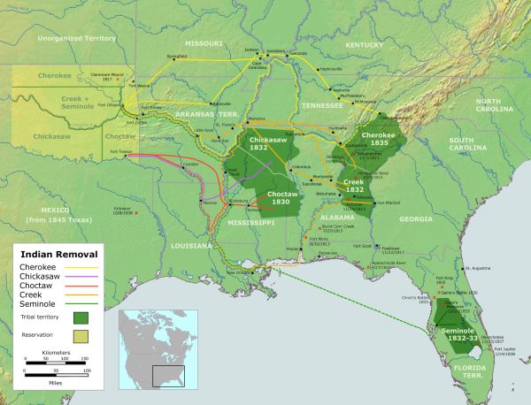 Routes of southern removals to the first Indian Territory of the Five Civilized Tribes