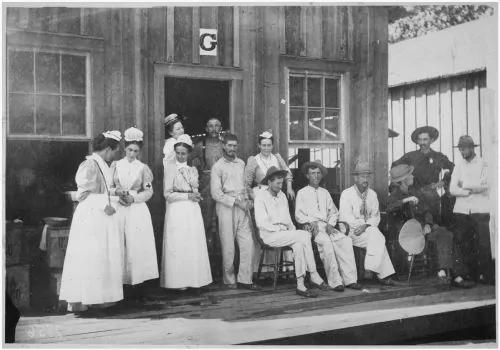 Nurses care for convalescents at Sternberg Hospital in Camp Thomas, Chickamauga Park, Georgia