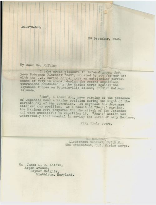 Let the Records Bark!: Dogs in the Marine Corps in World War II 6 Rex's performance in combat merited a personal letter to his owner from the Commandant of the Marine Corps