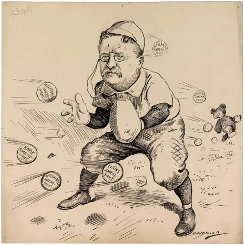 A Clifford K. Berryman cartoon depicts President Theodore Roosevelt attempting to get a handle on the various Senate amendments to the Hepburn Act of 1906