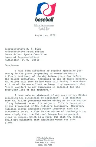 Bowie Kuhn, commissioner of Major League Baseball, wrote to Representative B. F. Sisk regarding the statements of Marvin Miller, head of the Major League Baseball Players Association, before the Select Committee on Professional Sports