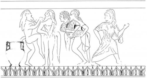 Restored drawing of the Dionysiac thiasos. Back part of the relief scene on the Siphnian Karyatid’s polos.