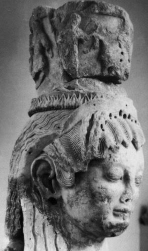 Partial view of the front part of the relief scene on the Siphnian Karyatid’s polos: animal offering to the cult image of Dionysos