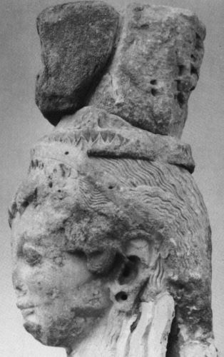 Partial view of the front part of the relief scene on the Siphnian Karyatid’s polos: animal offering to the cult image of Dionyso