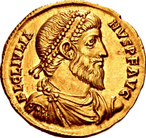 Julian the Apostate in a solidus minted at Antioch. Legend: Fl Cl Iulianus p f aug.
