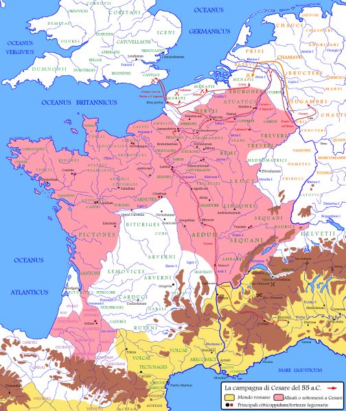 Campaign map of 55 BC. Note Caesar's crossing of the Rhine, with Germanic counter movements