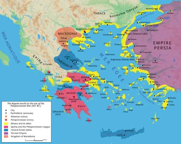 Athens and Delian League (yellow) at the outset of the Peloponnesian War around 431 BCE