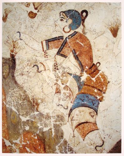 A detail from the "Saffron Gatherers" fresco of the "Xeste 3" building