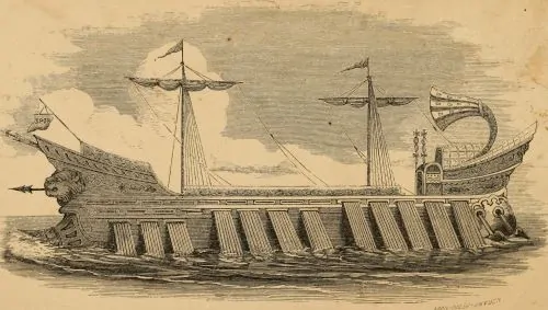 The Tessarakonteres, a very large catamaran galley reportedly built in the Hellenistic period by Ptolemy IV Philopator of Egypt
