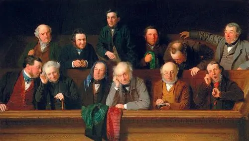 The Chorus in I comprises elderly jurors who briefly resemble wasps in their behaviour (Painting: 'The Jury' by John Morgan 1861)