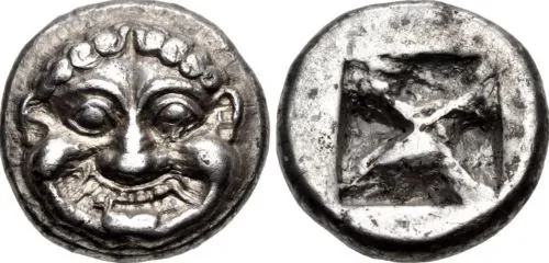 An archaic silver obol of Athens of heraldic type from the time of Peisistratos, 545–525 BCE