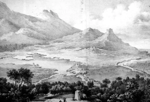 The ruins of Amphipolis as envisaged by E. Cousinéry in 1831: the bridge over the Strymon, the city fortifications, and the acropolis