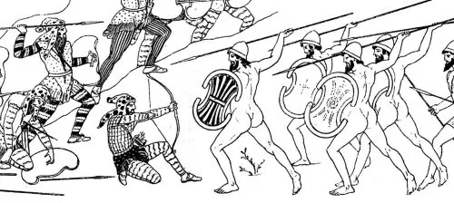 Miltiades fighting the Persians at the Battle of Marathon, in the Stoa Poikile (reconstitution)