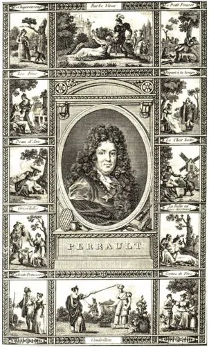 19th-century engraving of Charles Perrault surrounded by depictions of the tales that were to make his name