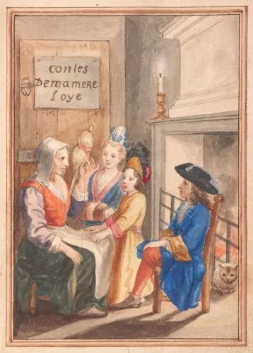 Frontispiece for a 1695 manuscript of Charles Perrault’s Contes de ma mère l'Oye (Tales of Mother Goose), possibly in the hand of his brother, Pierre