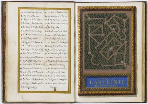 List of Aesop-themed fountains in the labyrinth of Versaillles, with a map of the grounds, from Jacques Bailly, Le Labyrinthe de Versailles, ca. 1675
