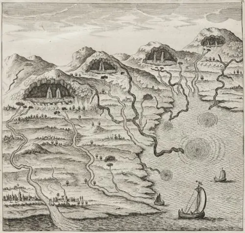 Illustration of the underground source of springs as understood by Aristotle and others who believed that rainfall alone was an insufficient explanation of the Earth’s rivers, from Athanasius Kircher’s Mundus Subterraneus (1665)