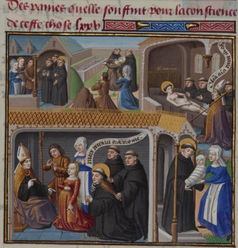 Illuminated manuscript from the Speculum Historiale of Vincent of Beauvais showing the story of Marina Marinos.