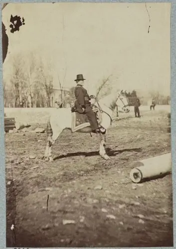 Union Gen. George H. Thomas, sitting atop a horse, surveys his surroundings during the Civil War, between 1861 and 1865