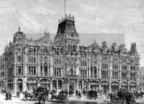 London (England). Buildings of Mercer' s Company (haberdasher's shop) in Cheapside. Engraving (1881)