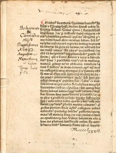 The first page of Richard de Bury's Philobiblon, printed in Speyer (lat:Augusta Nemetum) in 1483 by Johann and Conrad Hist.