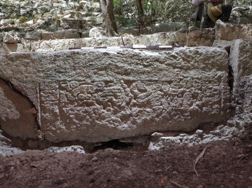 Using Science to Laser in on an Ancient Monumental Mayan City 2 A relief carved on a block in a stairway, one of the many exciting artifacts uncovered at Ocomtun in May