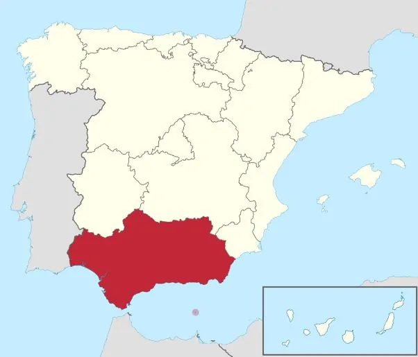 Map of Spain with Andalusia highlighted coordinates