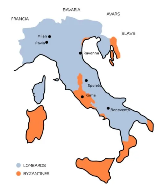The Lombard Kingdom (blue) at its greatest extent, under King Aistulf (749–756)