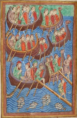 Sea-faring Norsemen depicted invading England