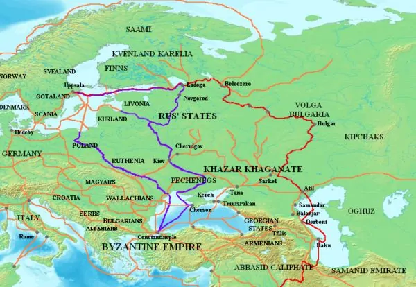 Map showing the major Varangian trade routes: the Volga trade route (in red) and the trade route from the Varangians to the Greeks (in purple)