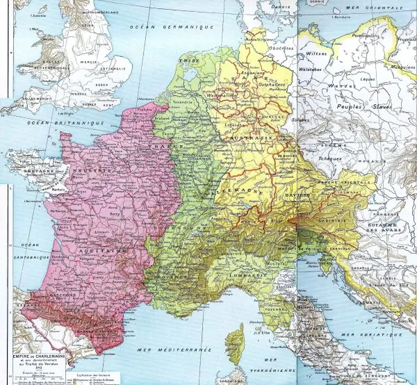 The partition of the Carolingian Empire by the Treaty of Verdun in 843